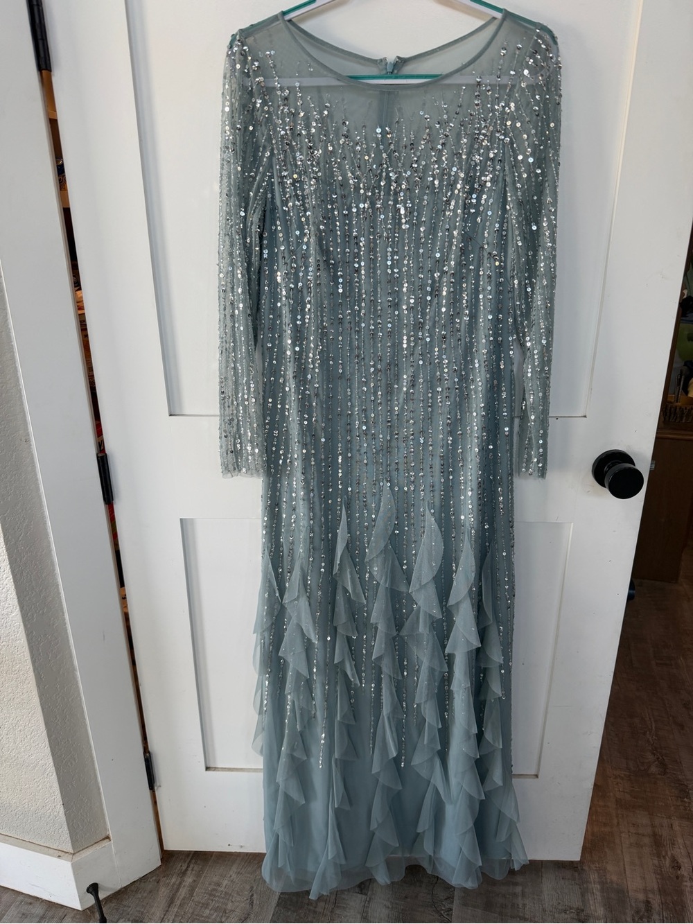 Adrianna Papell Sequin Tulle Ruffle Long Sleeve Dress in dusty winter blue 14